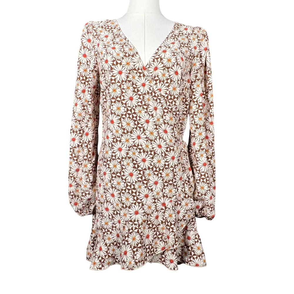Altar'd State Daisy Floral Faux Wrap Brown Mini Dress Long Sleeve Medium